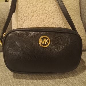Michael Kors Black Pebbled Leather Camera Bag with Gold MK Emblem